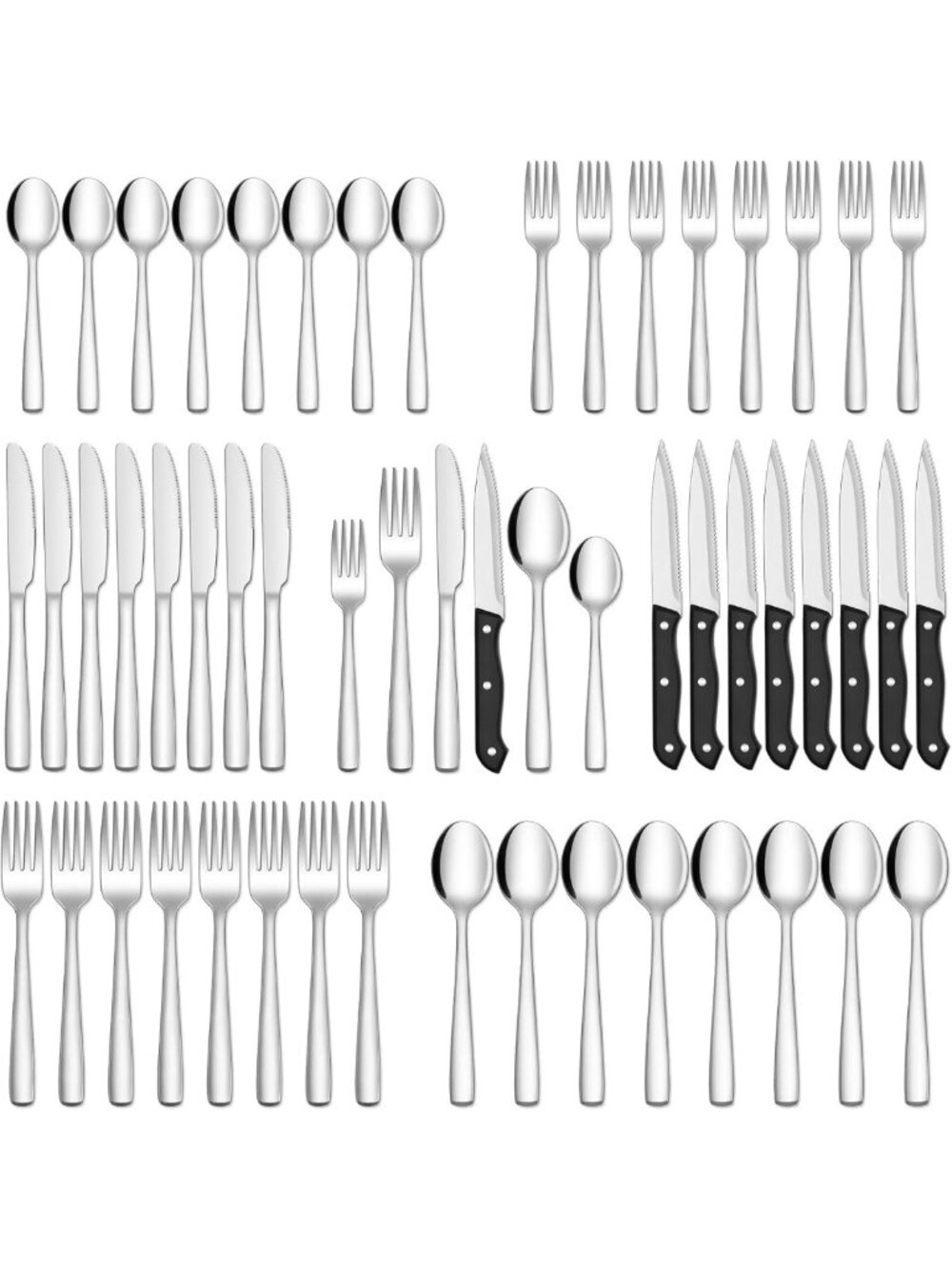 48-Piece Stainless Steel Silverware Set with Steak Knives for 8, Dishwasher Safe